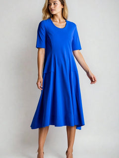 PAULA RYAN A-line Half Sleeve Tab Dress - Greek Blue Microjersey - Paula Ryan