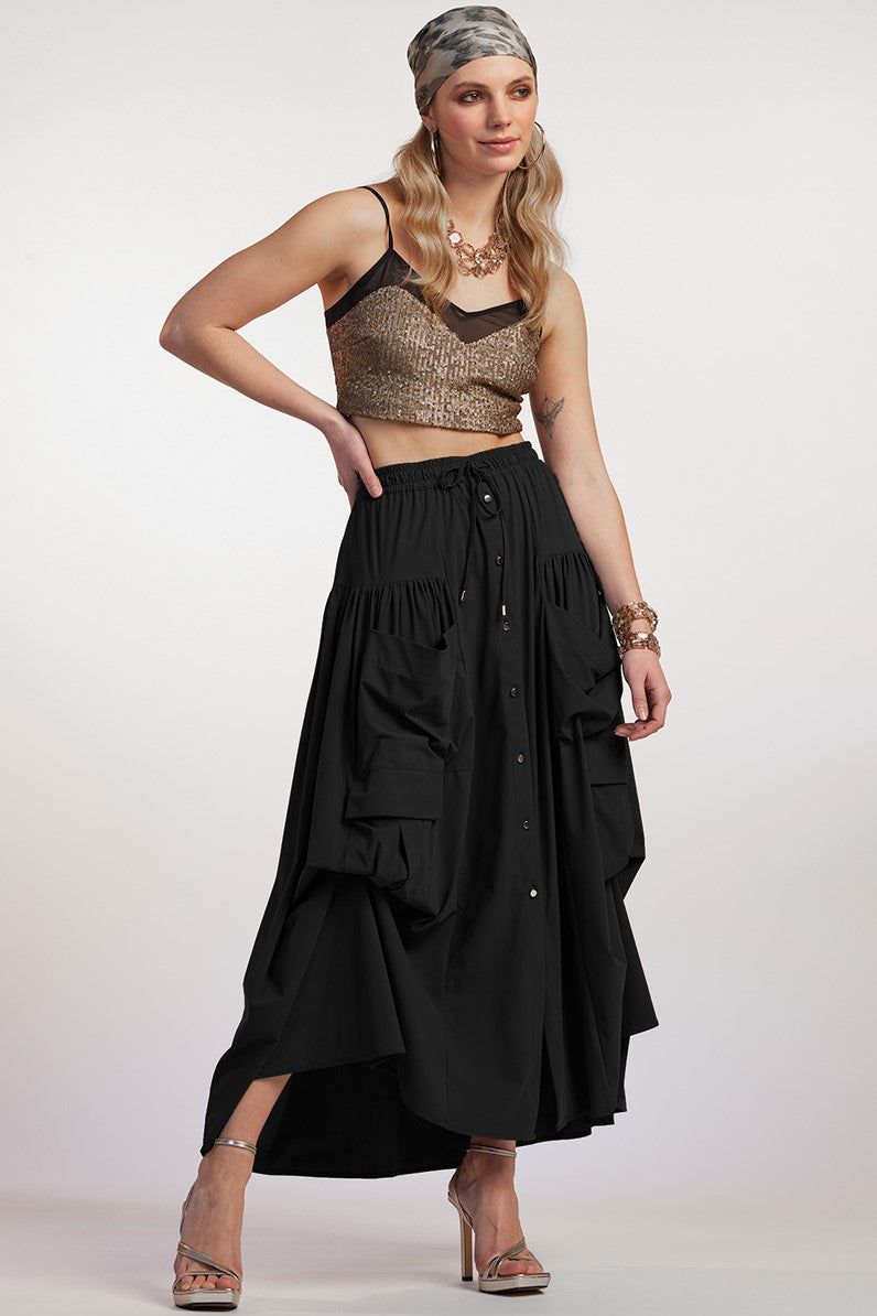 PAULA RYAN Button Front Safari Skirt - Black - Paula Ryan