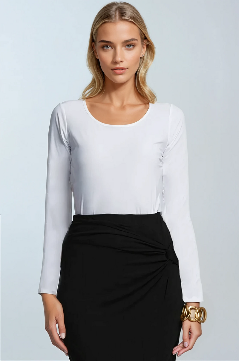 PAULA RYAN Scoop Neck Long Sleeve Body Tee Classic Microjersey - White - Paula Ryan