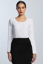 PAULA RYAN Scoop Neck Long Sleeve Body Tee White