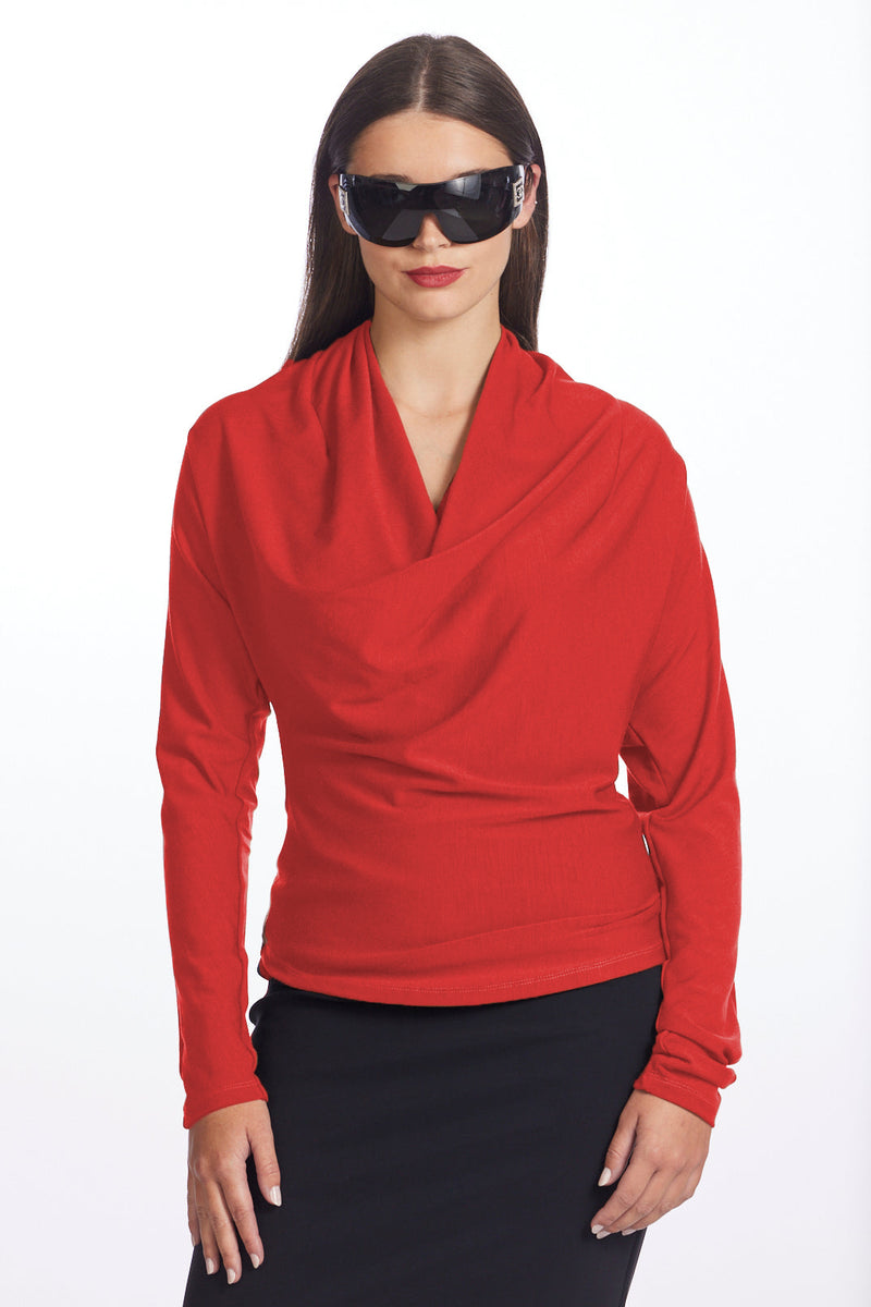 PAULA RYAN Deep Cowl Neck Micromodal Top - Flame Red