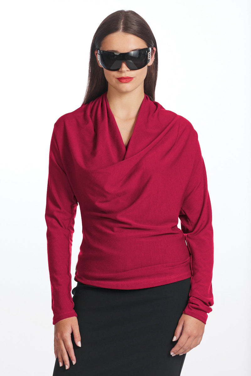 PAULA RYAN Deep Cowl Neck Merino Top - Ruby