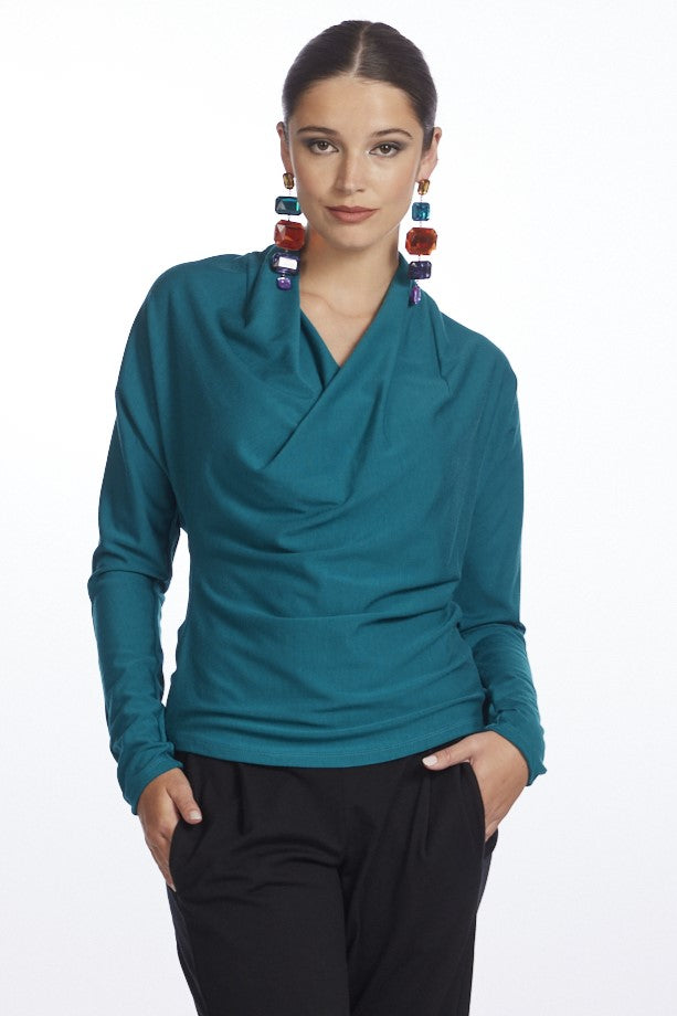 PAULA RYAN Deep Cowl Neck Merino Top - Jade