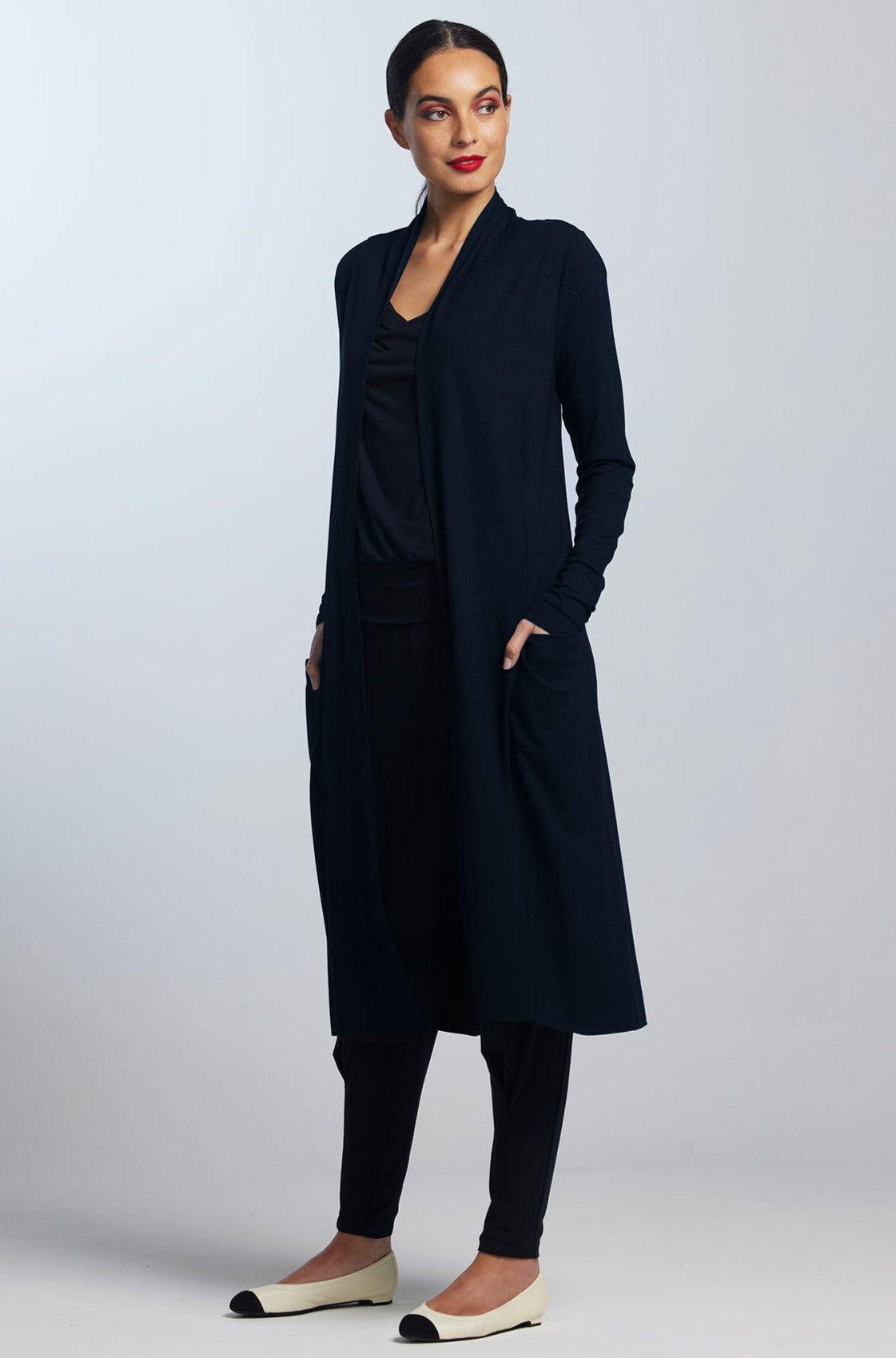 PAULA RYAN Long Shrug Navy- Merino Stretch – Paula Ryan