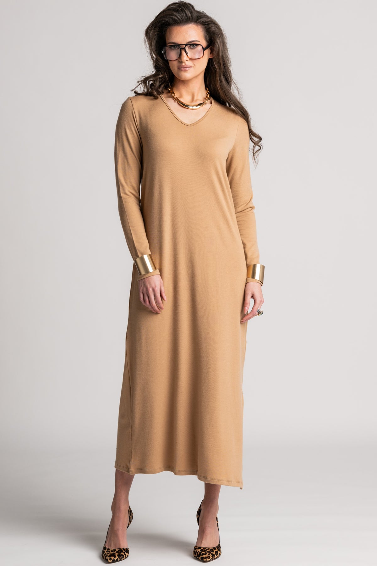 PAULA RYAN V Neck Sheath Dress - Camel Merino