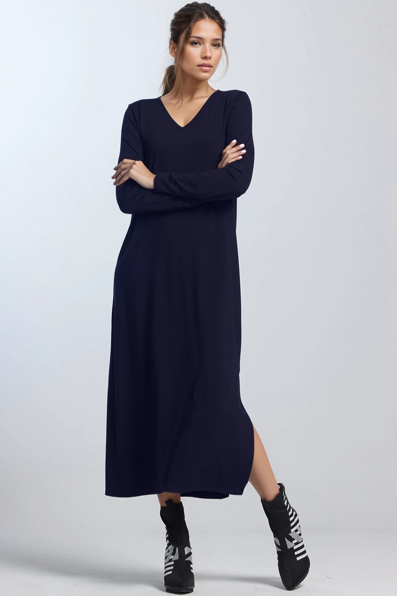 PAULA RYAN V Neck Sheath Dress - Navy Merino - Paula Ryan