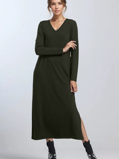 PAULA RYAN V Neck Sheath Dress - Khaki Merino - Paula Ryan