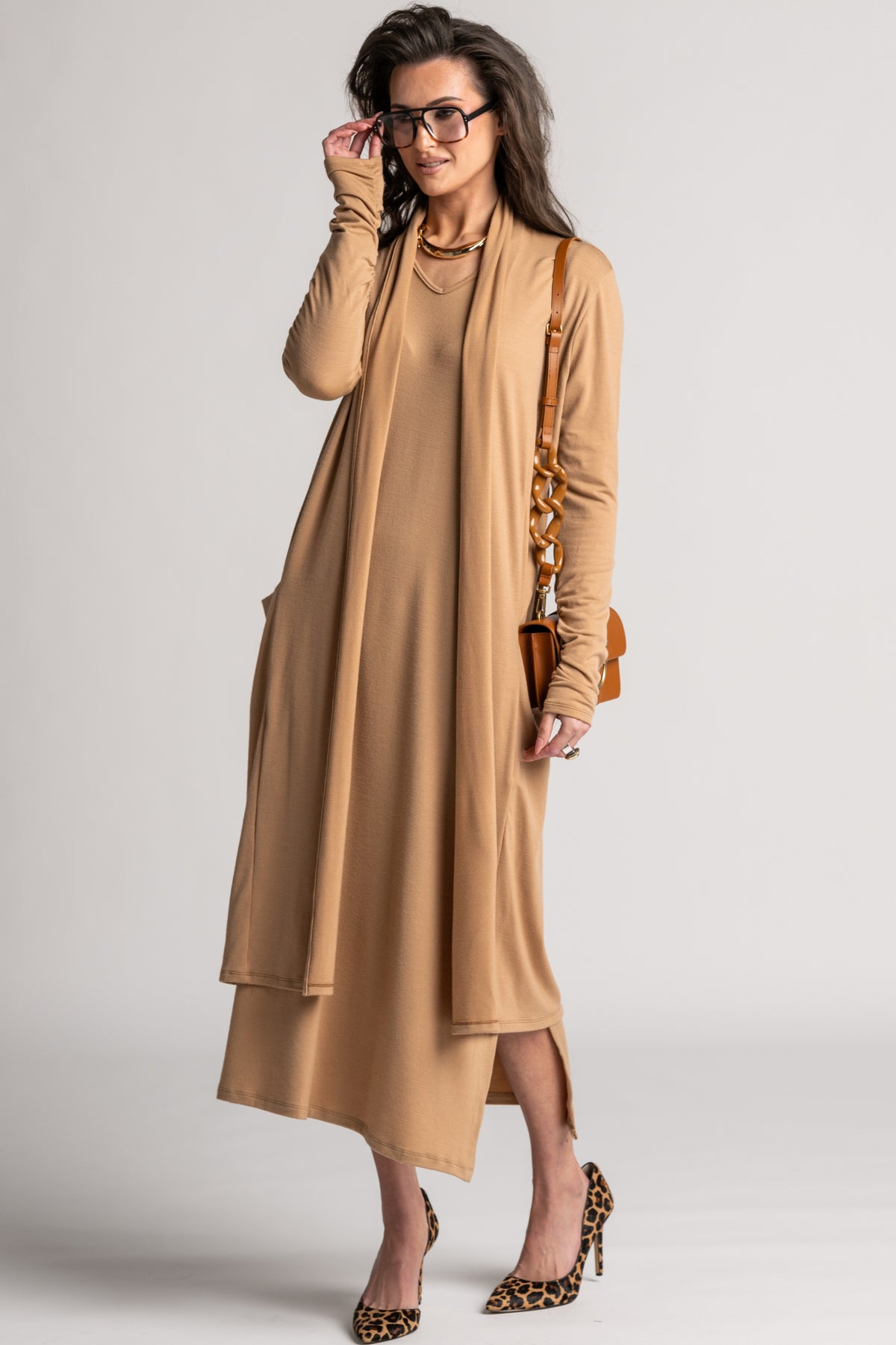 PAULA RYAN V Neck Sheath Dress - Camel Merino
