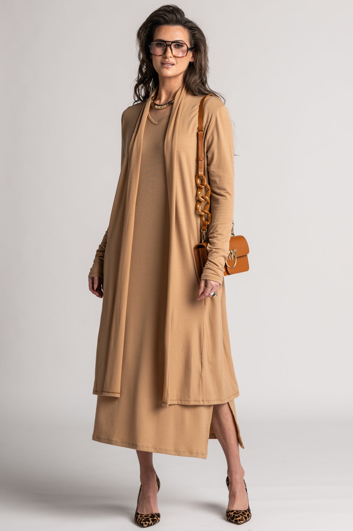 PAULA RYAN V Neck Sheath Dress - Camel Merino