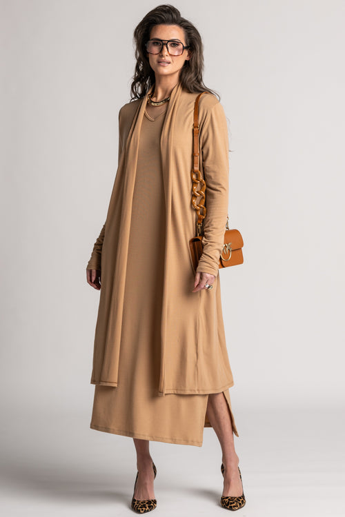 PAULA RYAN V Neck Sheath Dress - Camel Merino