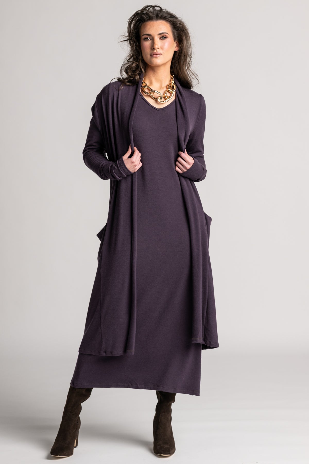PAULA RYAN Long-line Duster Merino - Cocoa Plum