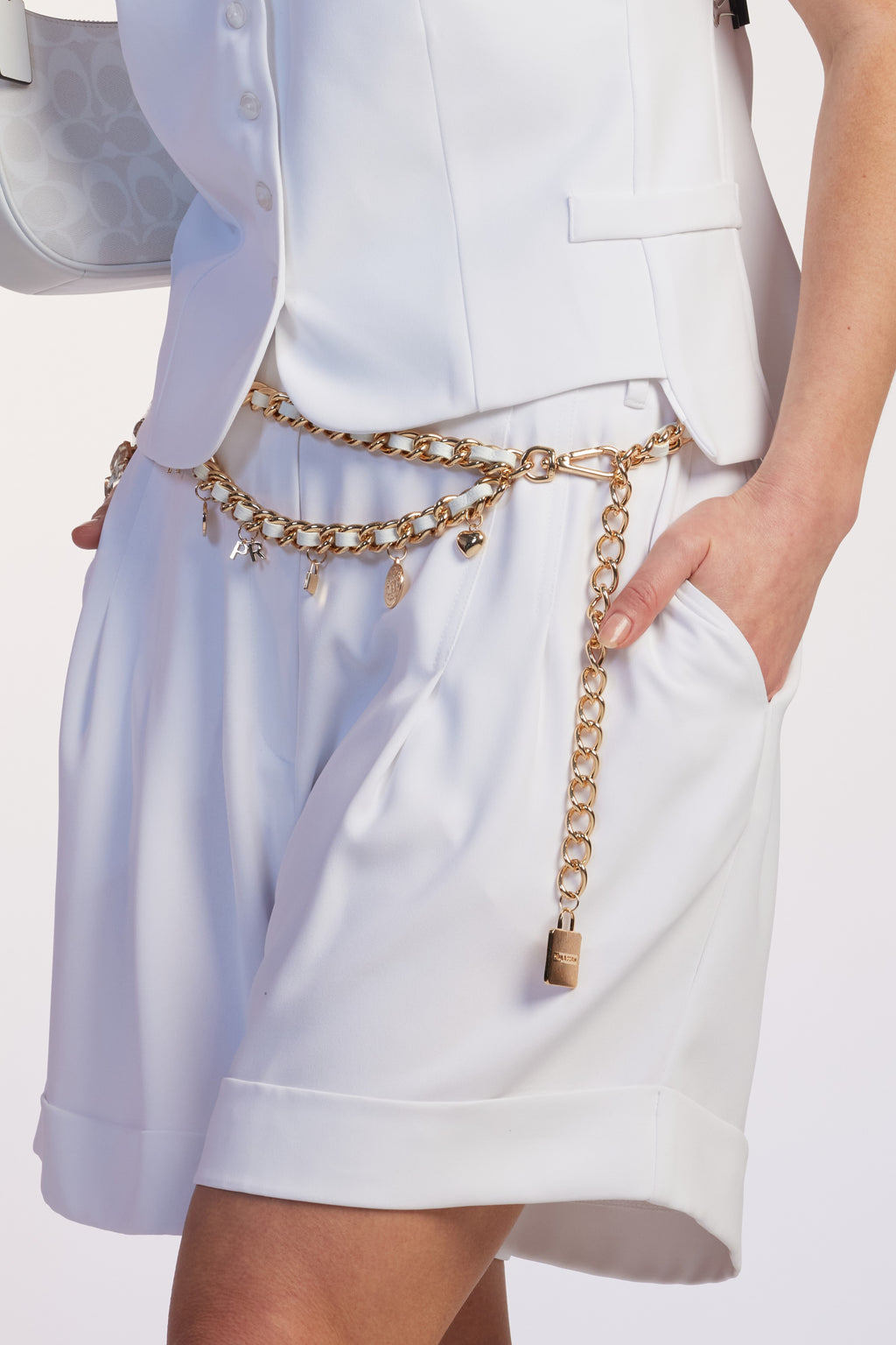 PAULA RYAN Leather Chain Charm Belt - White/Gold - Paula Ryan