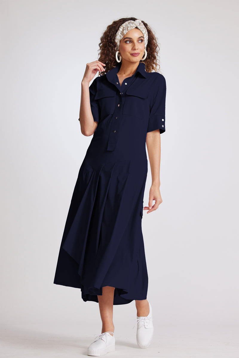 PAULA RYAN Pocketed Shirtdress - Navy - Microjersey