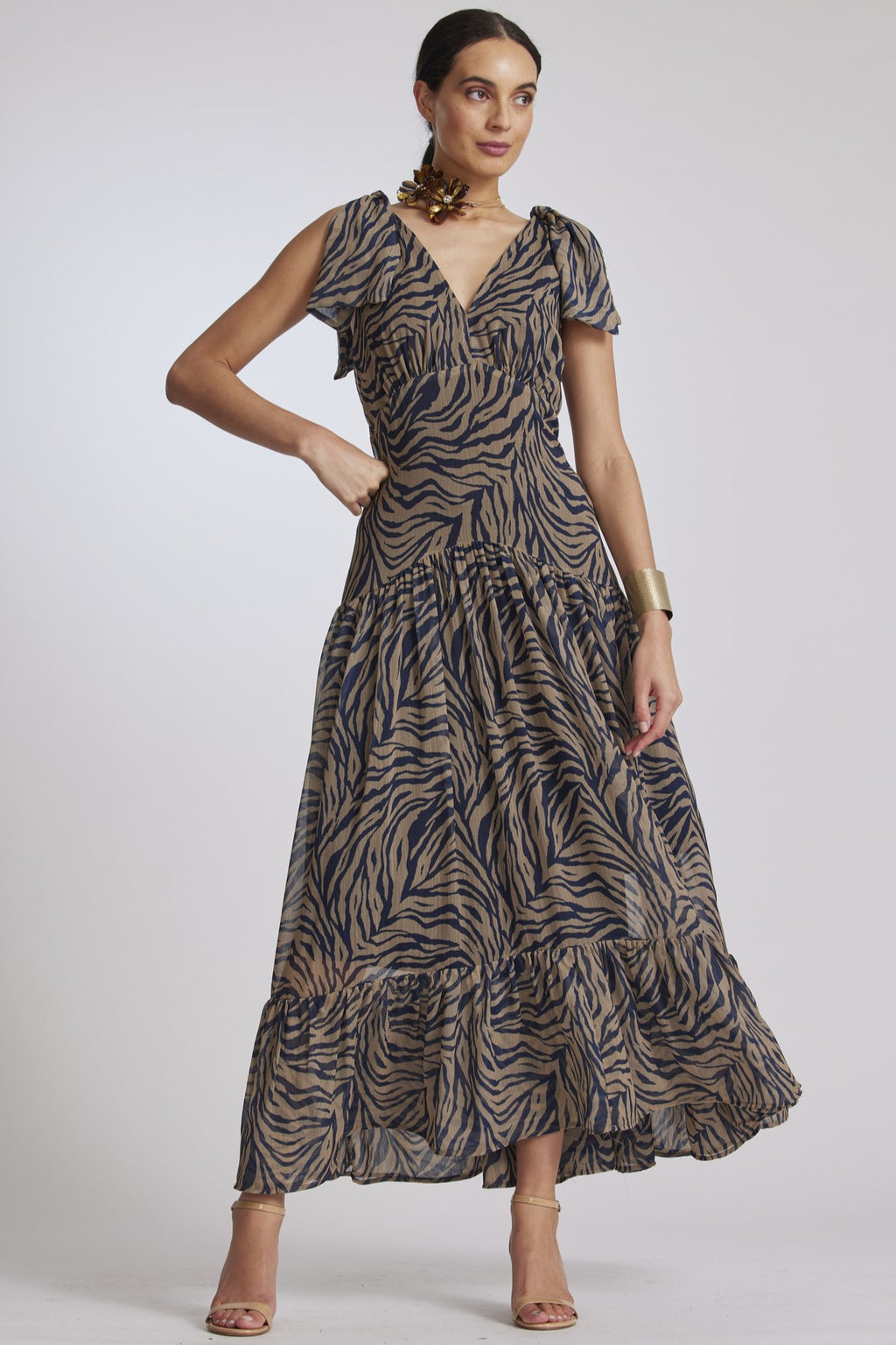 PAULA RYAN Ruffle Hem Tie Shoulder Print Dress - Sand/Navy - Paula Ryan