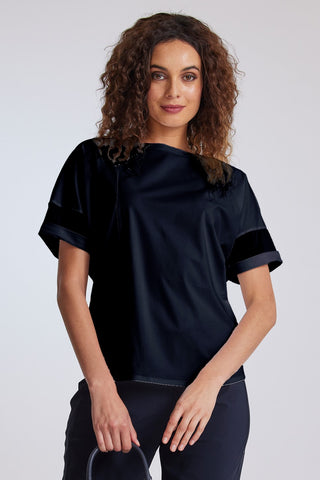 PAULA RYAN Boat Neck Cuffed Top - Navy - Microjersey