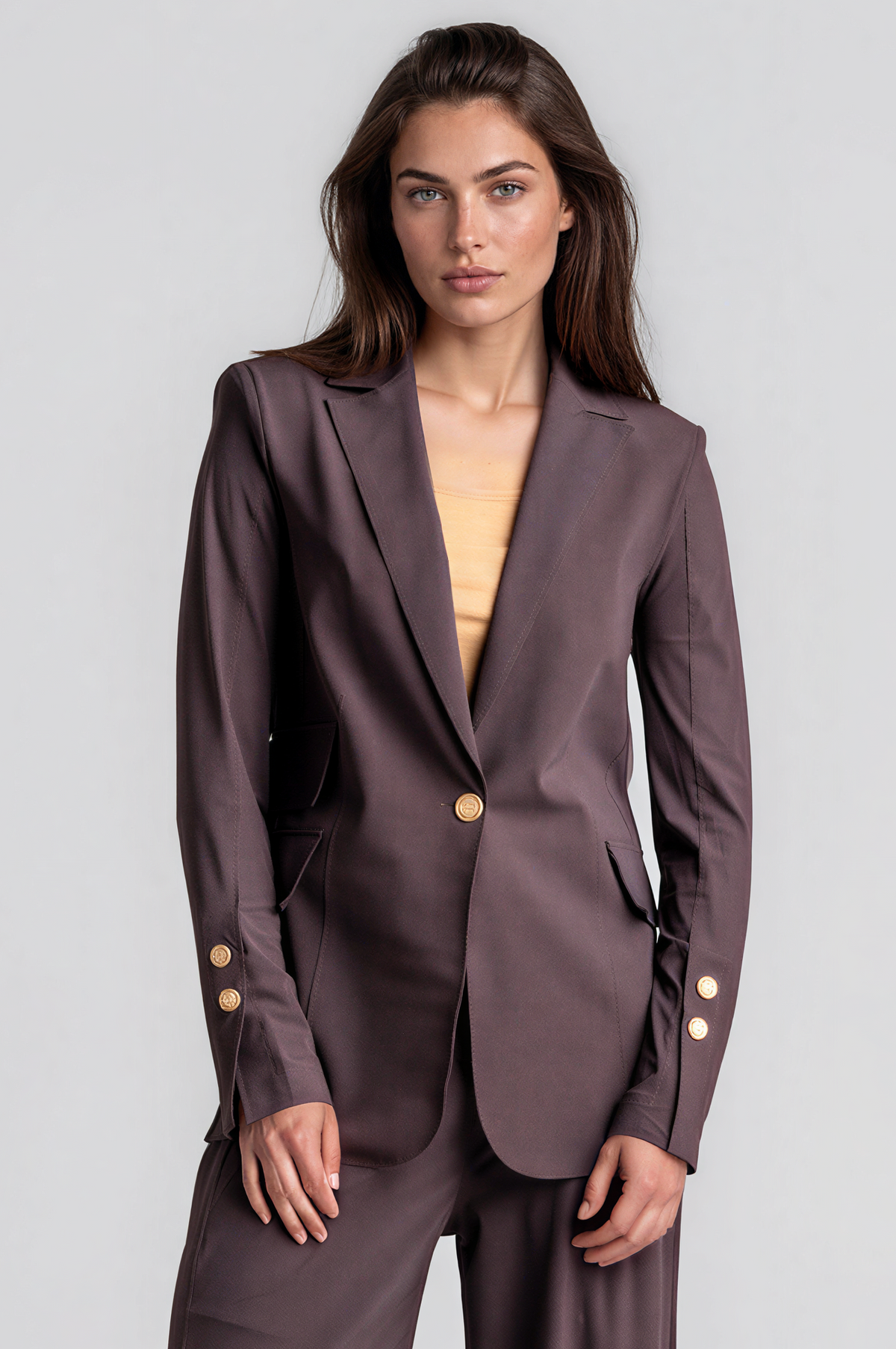 PAULA RYAN Long-line Boyfriend Jacket - Microjersey Cocoa Plum