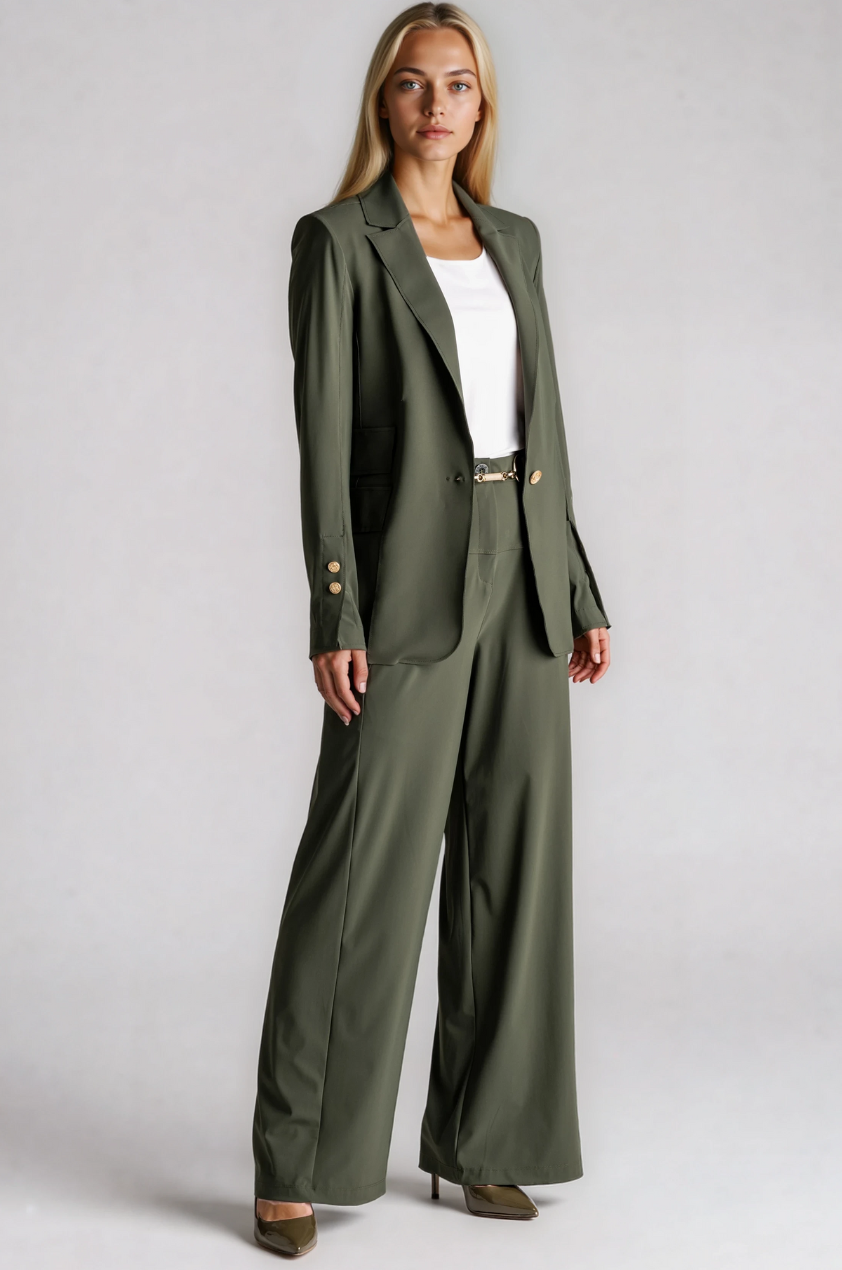 PAULA RYAN Long-line Boyfriend Jacket - Microjersey Khaki - Paula Ryan