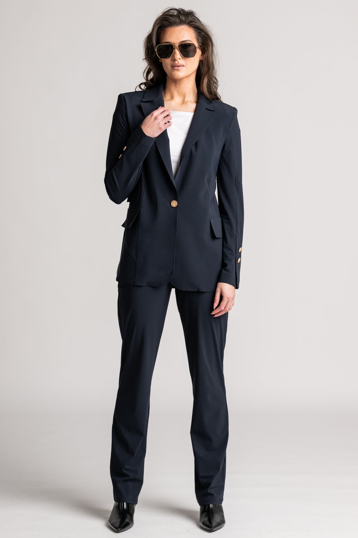PAULA RYAN Long-line Boyfriend Jacket - Microjersey Navy
