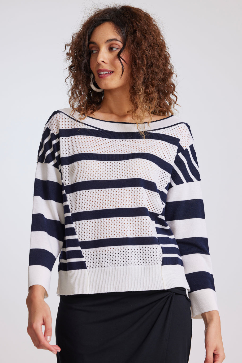 PAULA RYAN Stripe Boat Neck Sweater - Navy/White - Paula Ryan