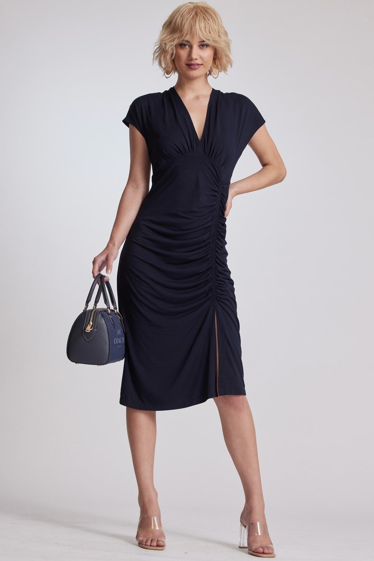 PAULA RYAN V Neck Side Rouched Dress - Black Micromodal - Paula Ryan