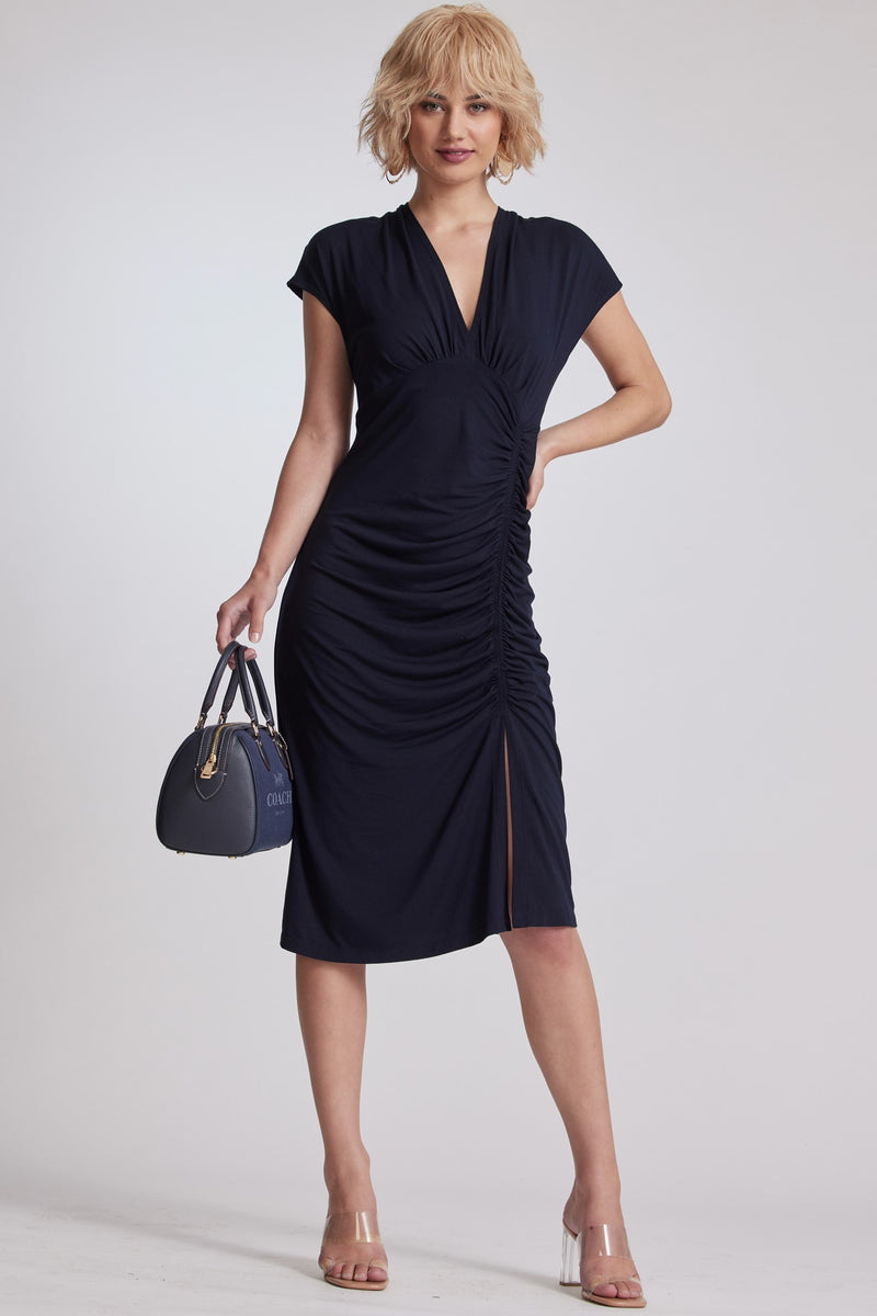 PAULA RYAN V Neck Side Rouched Dress - Black Micromodal