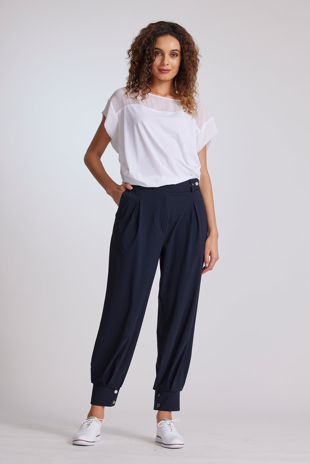 PAULA RYAN Chiffon Yoke Cuffed Top - White - Microjersey - Paula Ryan