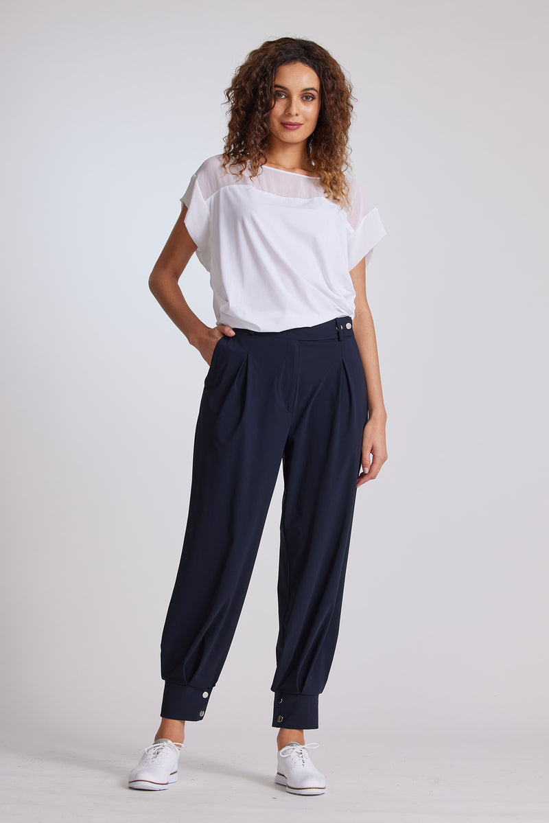 PAULA RYAN Chiffon Yoke Cuffed Top - White - Microjersey - Paula Ryan