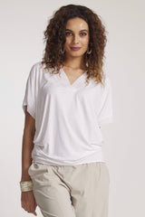 PAULA RYAN V Neck Side Tuck Top - White - Micromodal