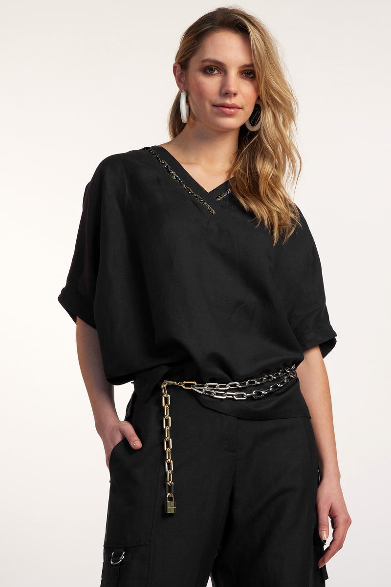 PAULA RYAN Beaded V Neck Linen Top - Black