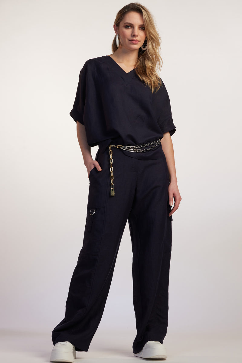 PAULA RYAN RELAXED V Neck Linen Top - Navy - Paula Ryan