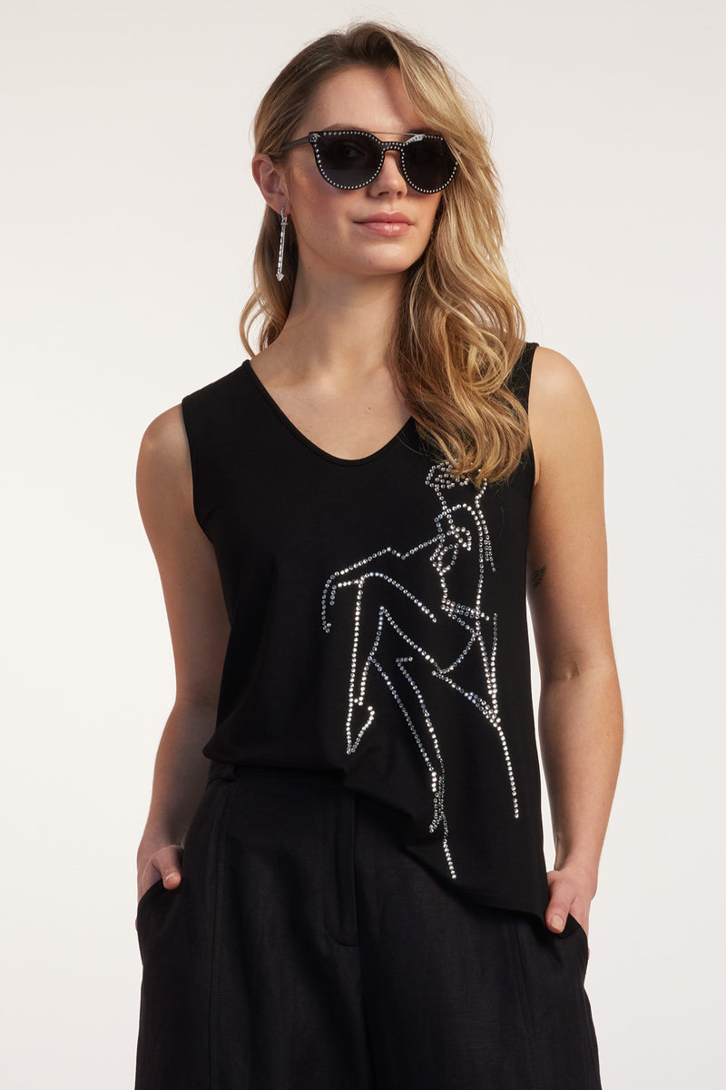 PAULA RYAN RELAXED Scoop V Bling Singlet - Black - Paula Ryan