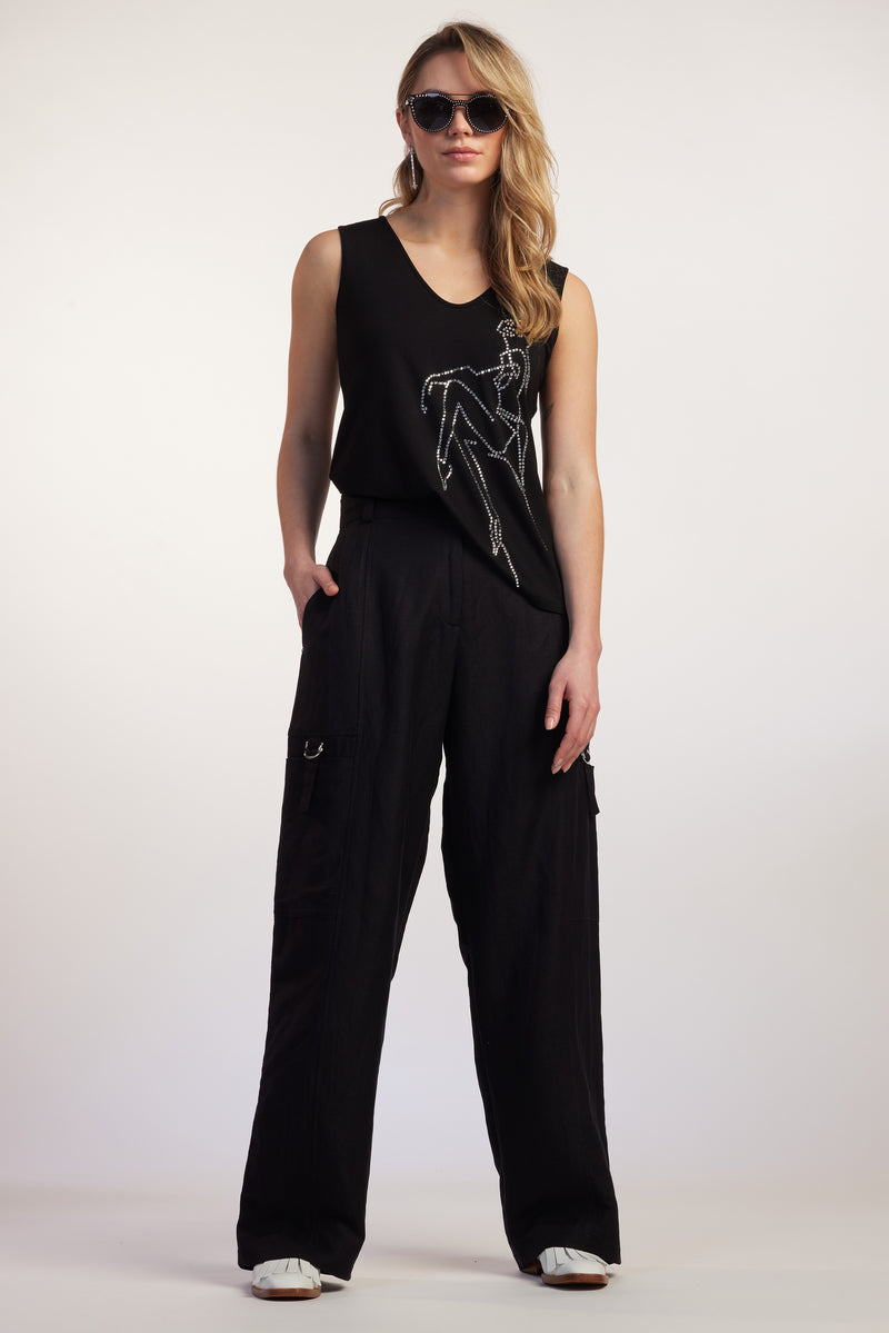 PAULA RYAN RELAXED Scoop V Bling Singlet - Black - Paula Ryan