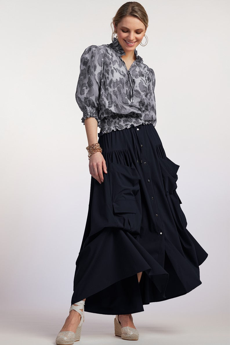PAULA RYAN Button Front Safari Skirt - Navy - Paula Ryan