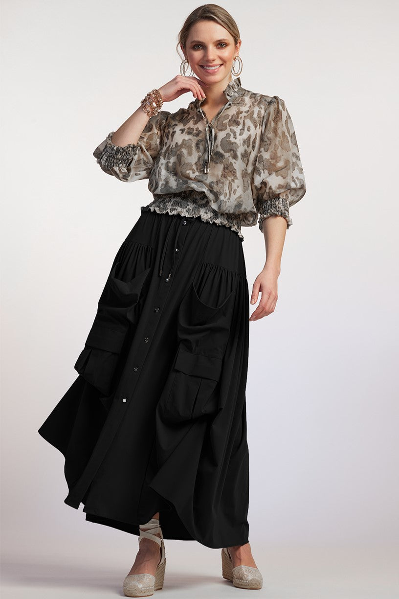 PAULA RYAN Button Front Safari Skirt - Black - Paula Ryan