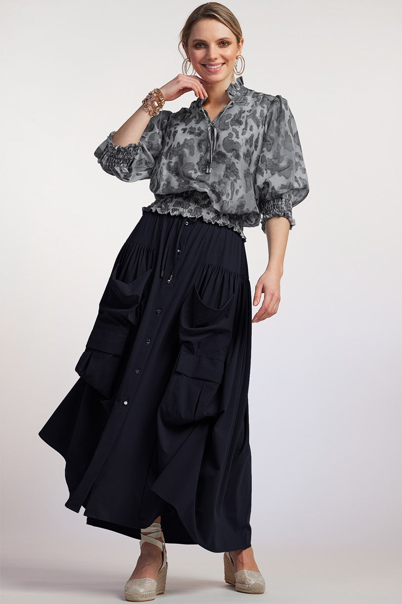 PAULA RYAN Button Front Safari Skirt - Navy - Paula Ryan