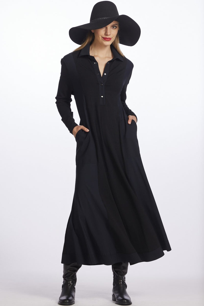 PAULA RYAN High Waist Panel Shirt Dress - Black Merino/Microjersey - Paula Ryan