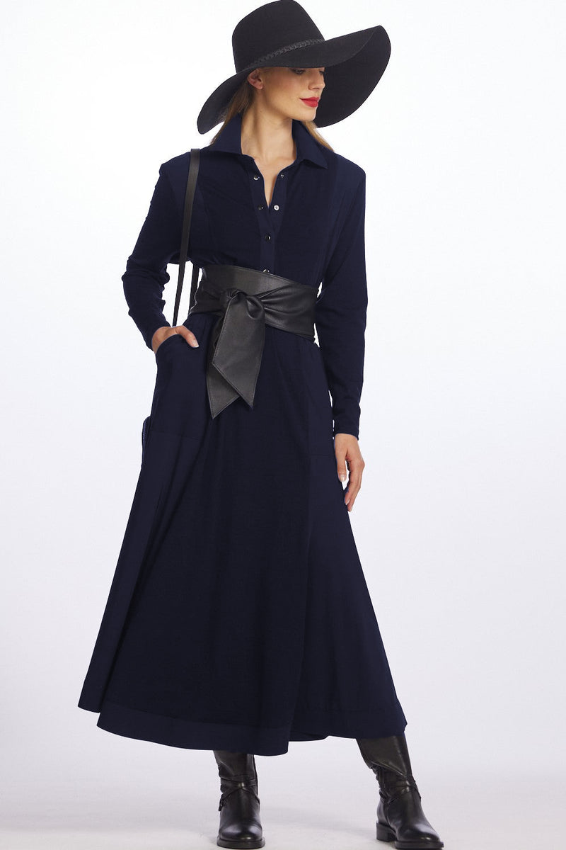 PAULA RYAN High Waist Panel Shirt Dress - Navy Merino/Microjersey - Paula Ryan