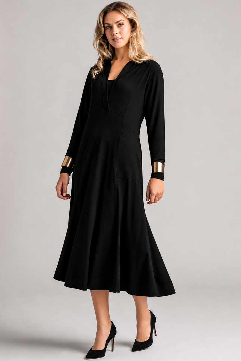 PAULA RYAN V-Neck Collared Dress - Black Merino/Microjersey - Paula Ryan
