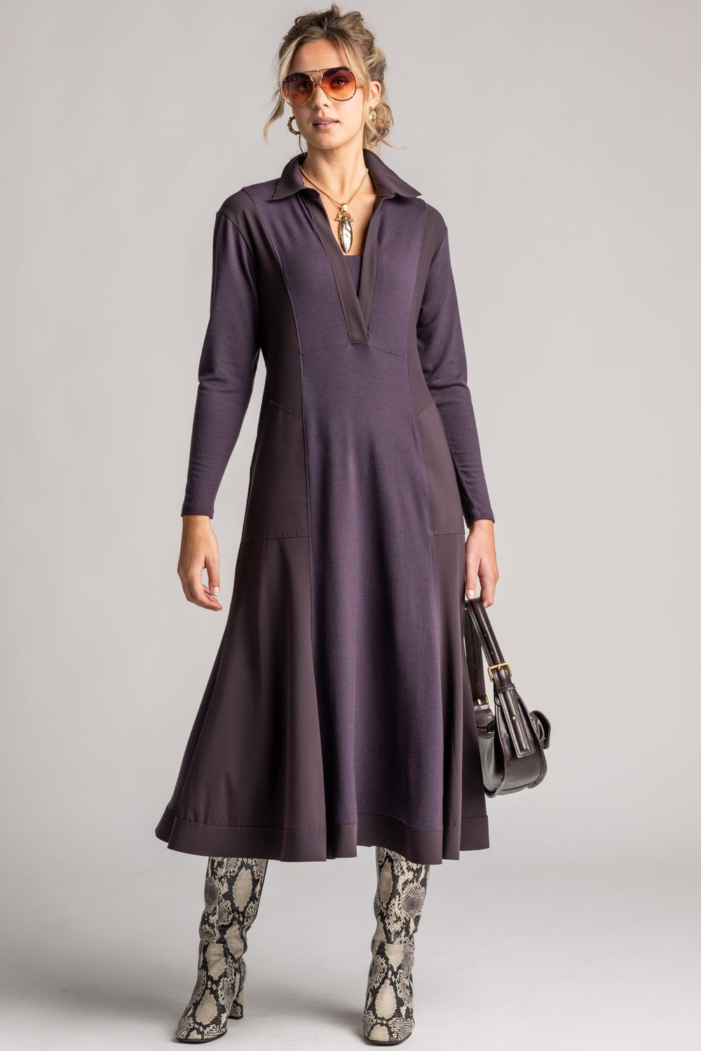 PAULA RYAN V-Neck Collared Dress - Cocoa Plum Merino/Microjersey