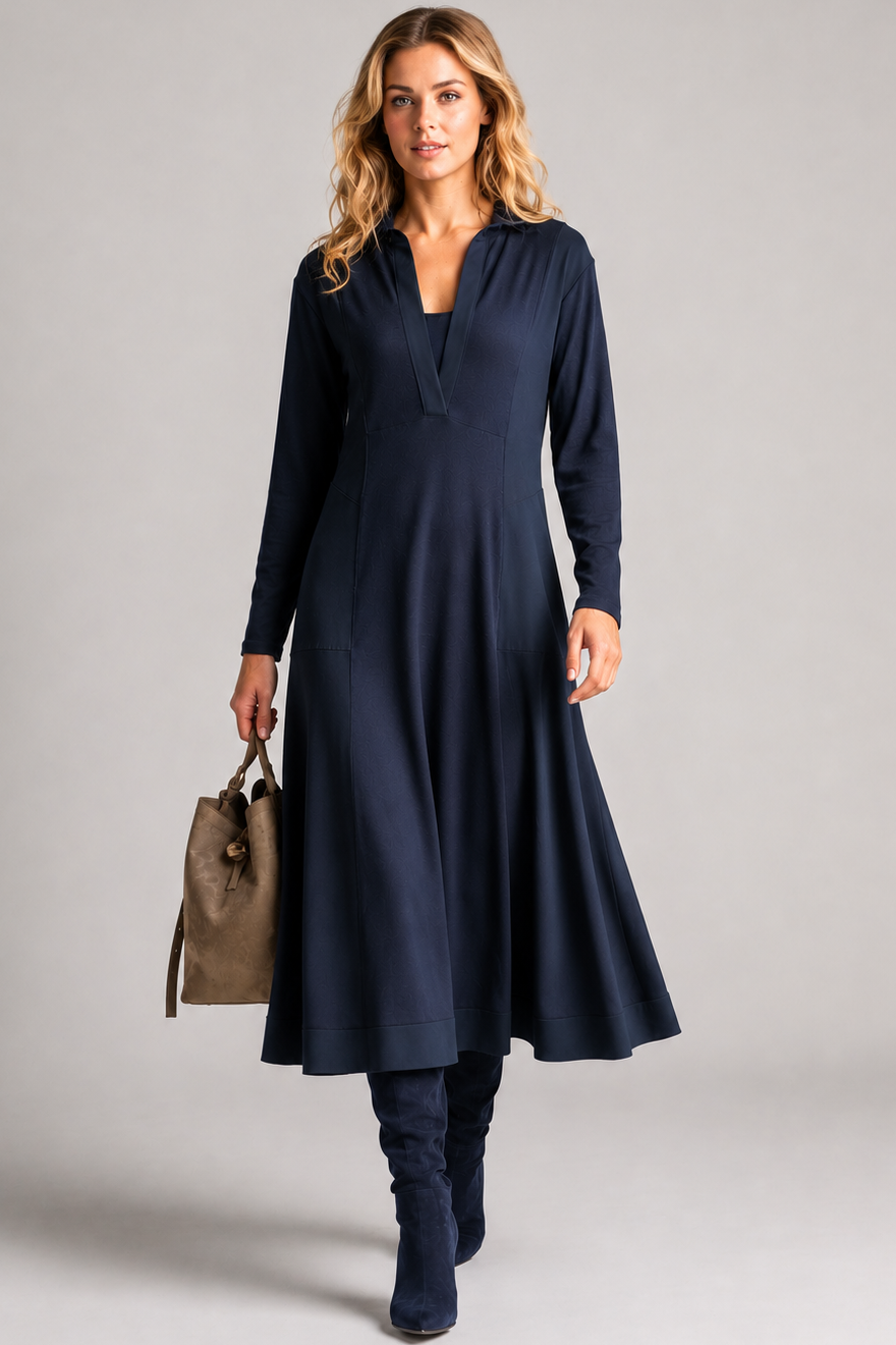 PAULA RYAN V-Neck Collared Dress - Navy Merino/Microjersey