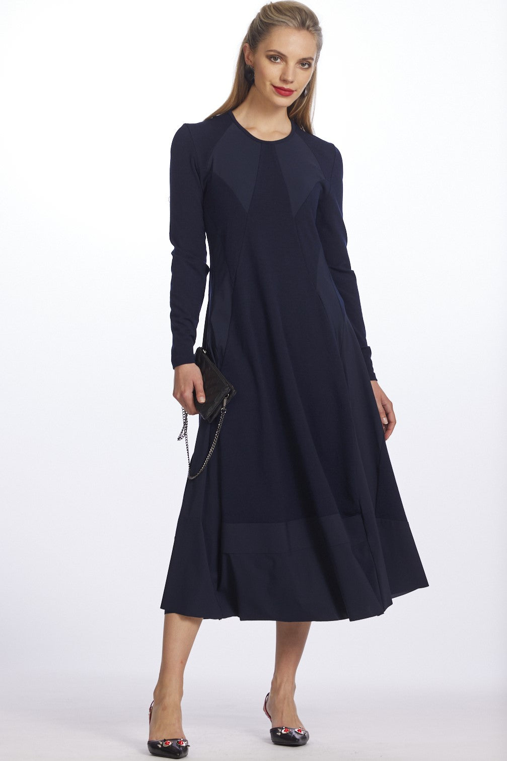 PAULA RYAN Panel Flared Crew Neck Dress - Navy Merino/Microjersey - Paula Ryan