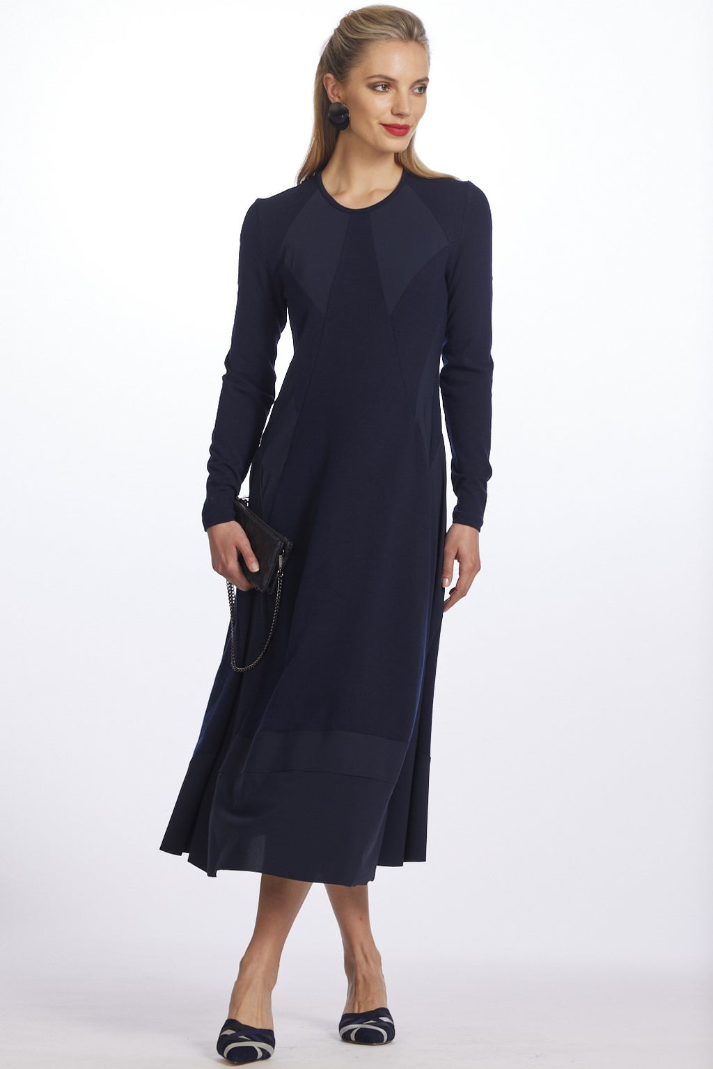 PAULA RYAN Panel Flared Crew Neck Dress - Navy Merino/Microjersey - Paula Ryan