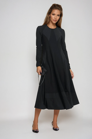PAULA RYAN Panel Flared Crew Neck Dress Merino - Black