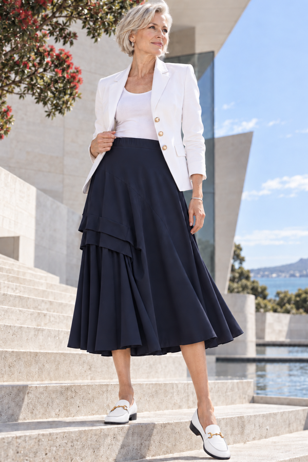 PAULA RYAN A-line Waterfall Skirt - Navy