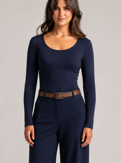 PAULA RYAN Slim Fit Scoop Neck Top - Merino Navy