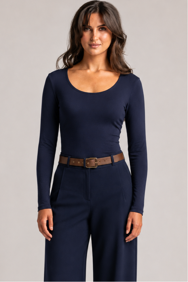 PAULA RYAN Slim Fit Scoop Neck Top - Merino Navy