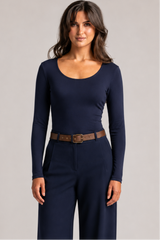 PAULA RYAN Slim Fit Scoop Neck Top - Merino Navy