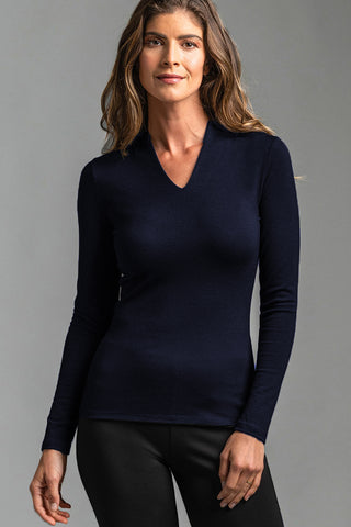 PAULA RYAN ESSENTIALS Slim Fit Long Sleeve High Neck V Top - Navy Merino