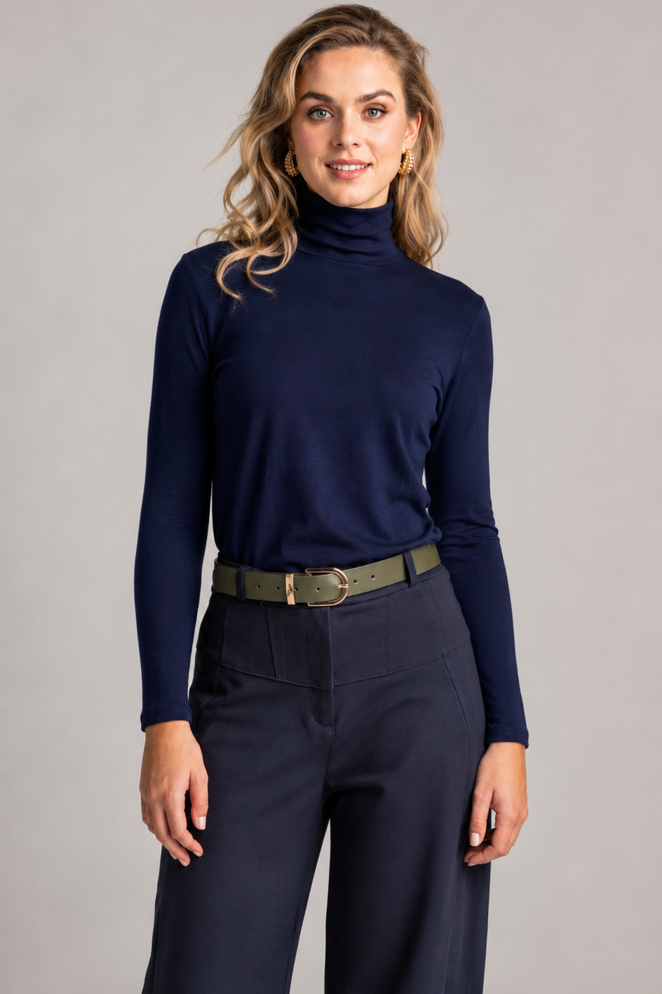 PAULA RYAN Easy Fit Polo Neck Top - Merino Navy
