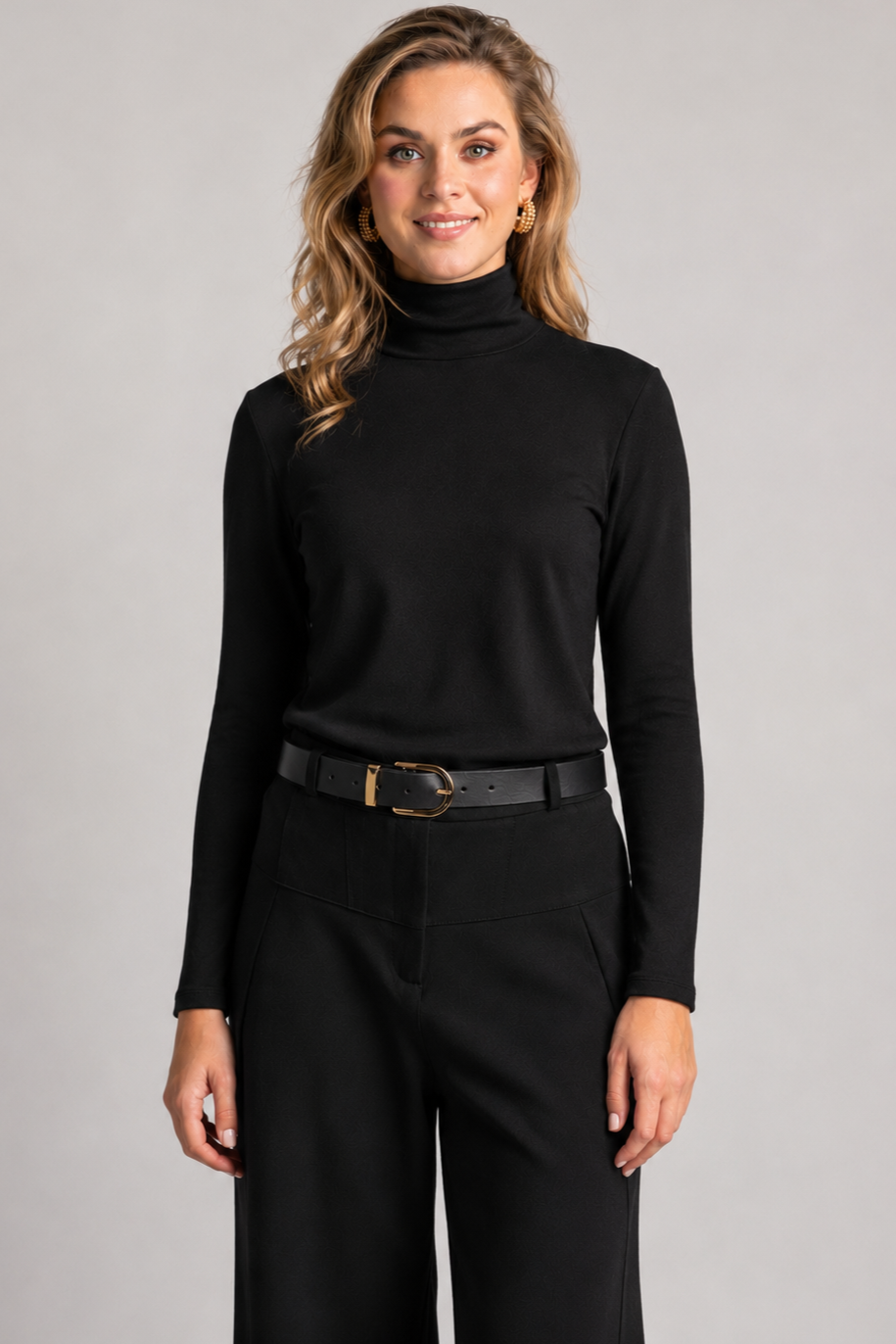 PAULA RYAN Easy Fit Polo Neck Top - Merino Black
